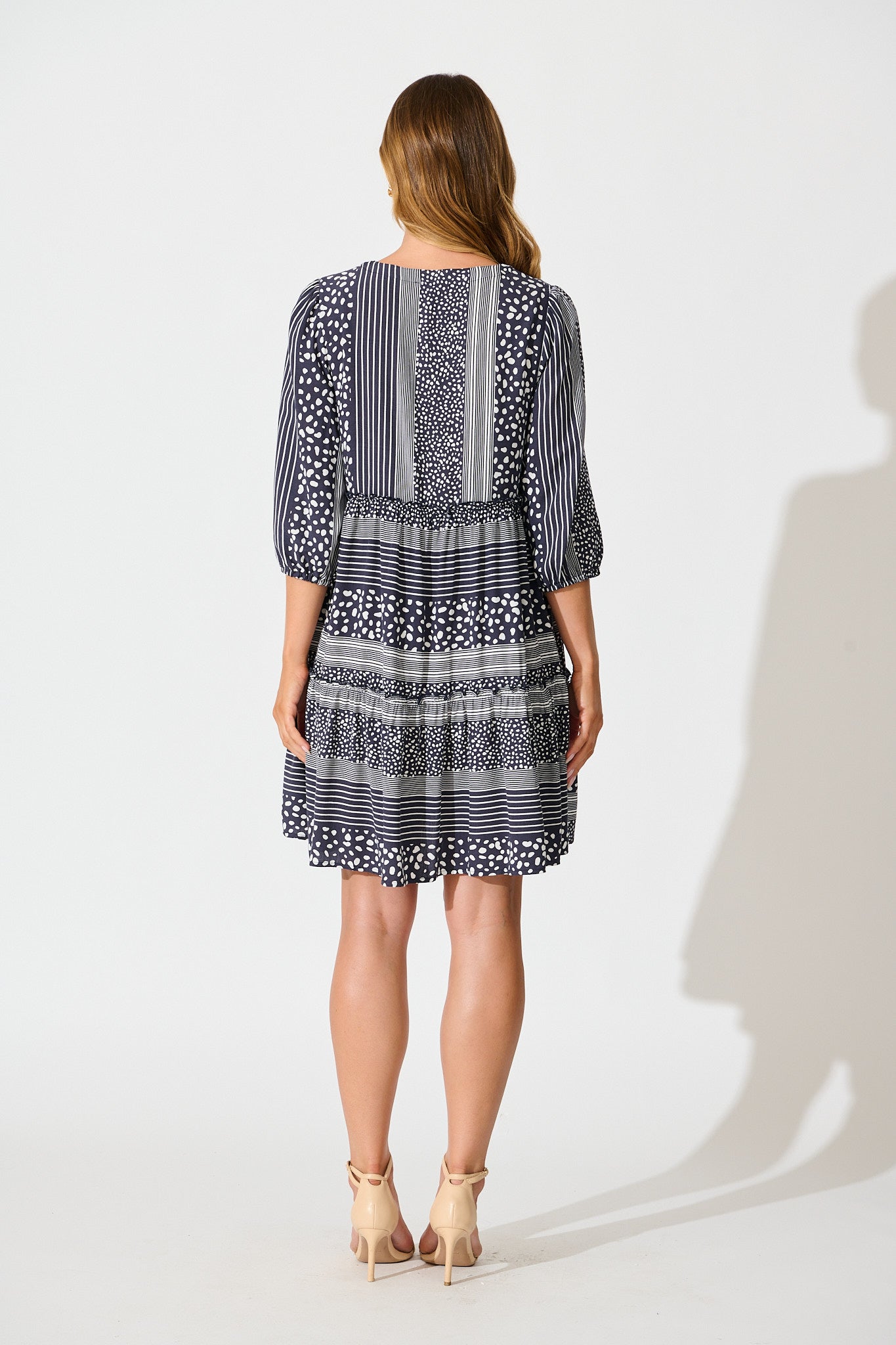 Pia Smock Dress in Navy Spot and Stripe