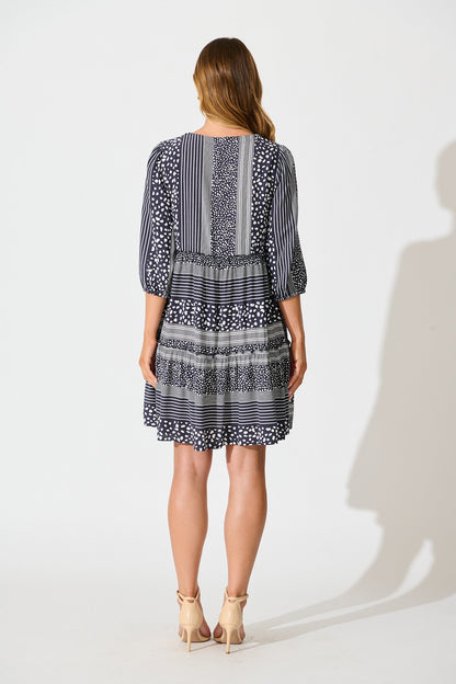 Pia Smock Dress in Navy Spot and Stripe