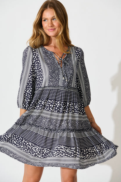Pia Smock Dress in Navy Spot and Stripe