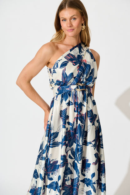 Bernadette One Shoulder Midi Dress In Navy Floral Satin