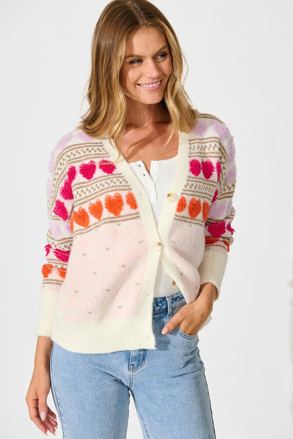 Racquel Heart Knit Cardigan in Pastel Multi Wool Blend