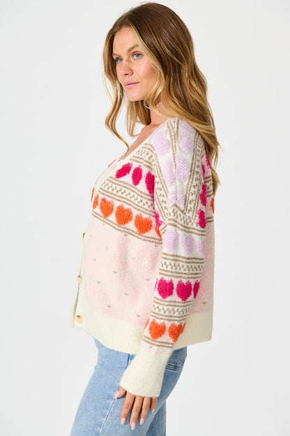 Racquel Heart Knit Cardigan in Pastel Multi Wool Blend
