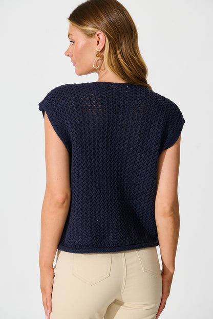 Samarah Knit Vest Top in Navy with Gold Buttons Wool Blend