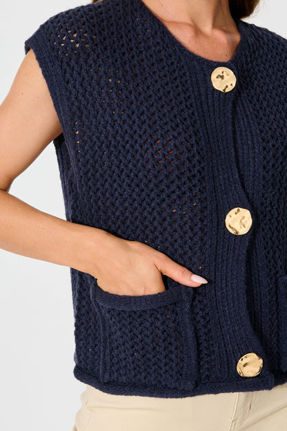 Samarah Knit Vest Top in Navy with Gold Buttons Wool Blend