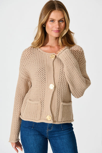 Tala Knit Cardigan in Beige with Gold Buttons Wool Blend