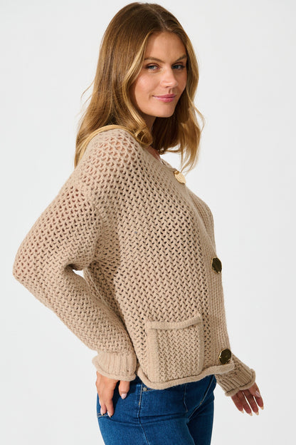Tala Knit Cardigan in Beige with Gold Buttons Wool Blend