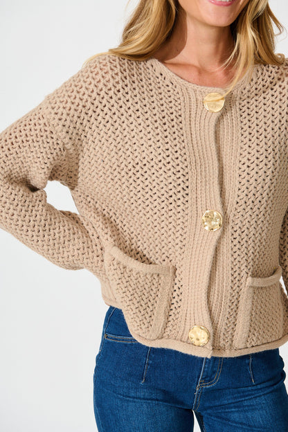 Tala Knit Cardigan in Beige with Gold Buttons Wool Blend