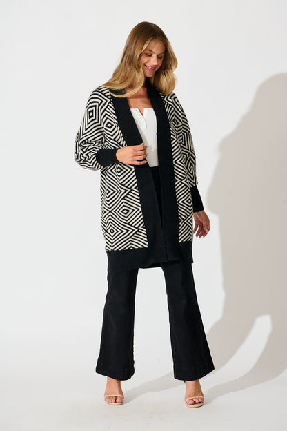 Marcelle Knit Cardigan in Black Aztec Wool Blend
