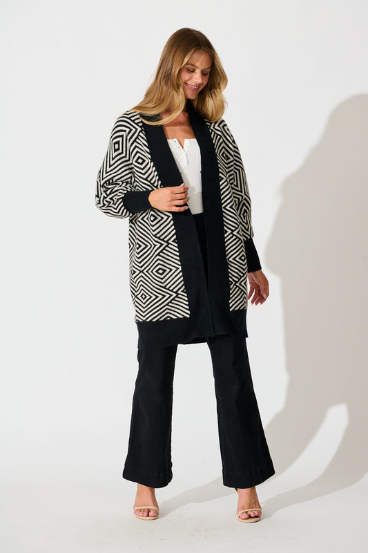 Marcelle Knit Cardigan in Black Aztec Wool Blend