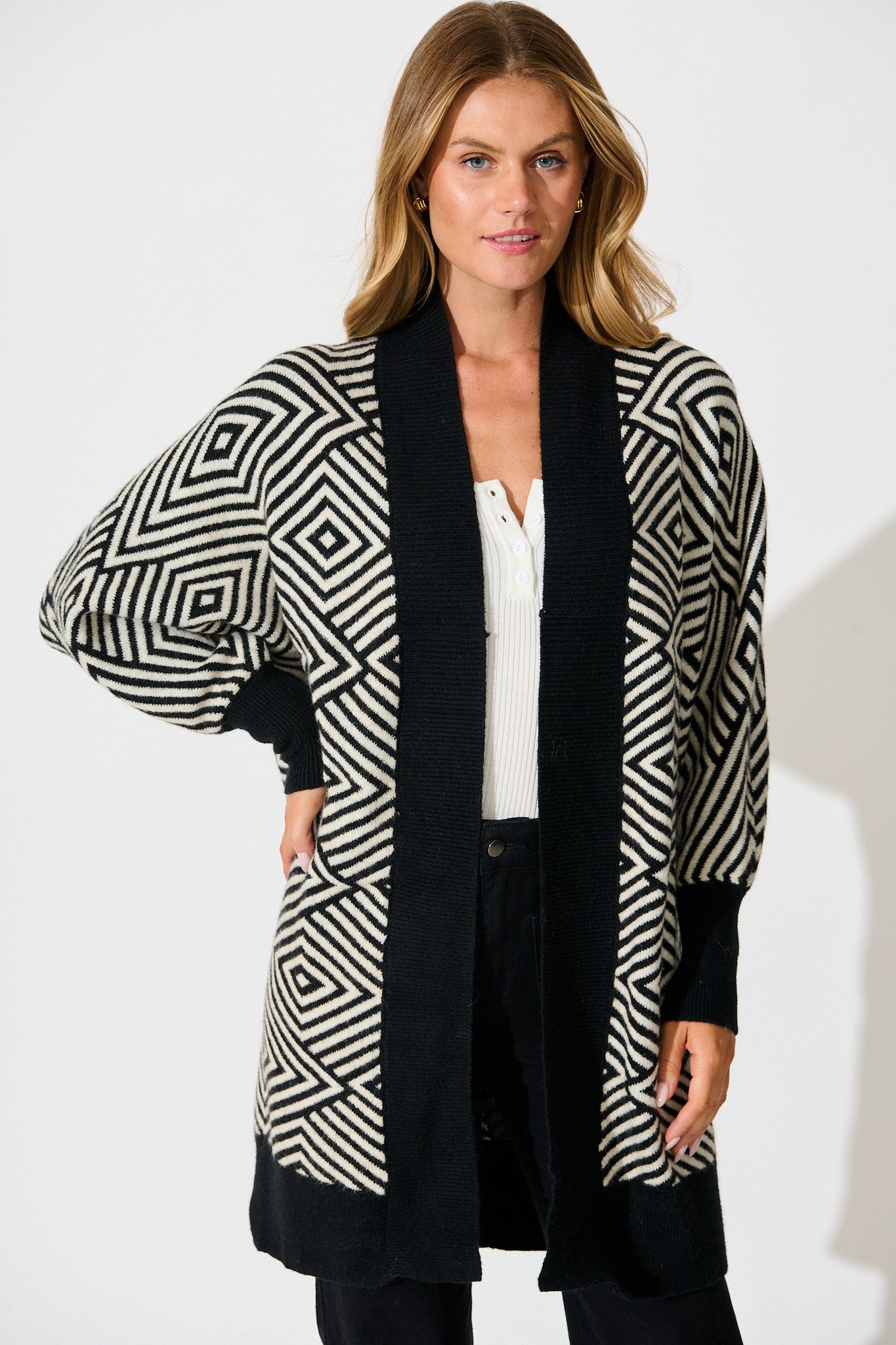 Marcelle Knit Cardigan in Black Aztec Wool Blend