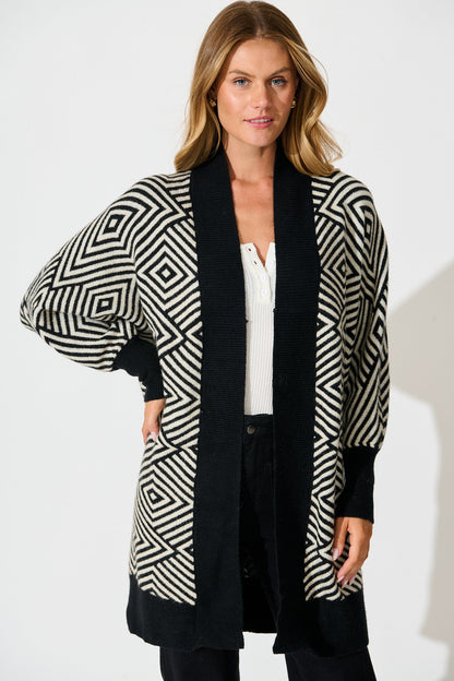 Marcelle Knit Cardigan in Black Aztec Wool Blend