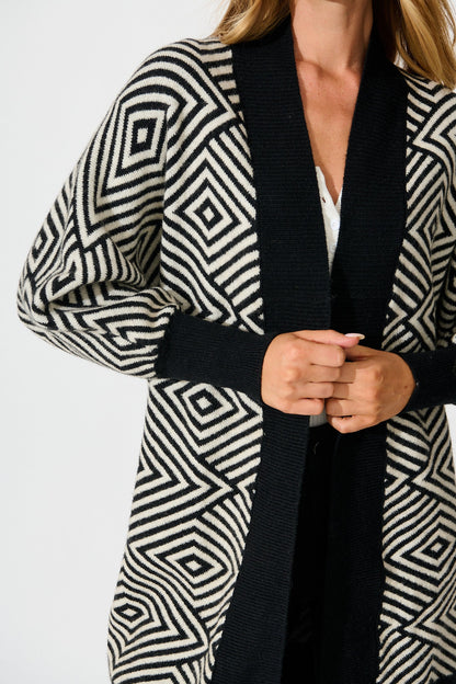 Marcelle Knit Cardigan in Black Aztec Wool Blend