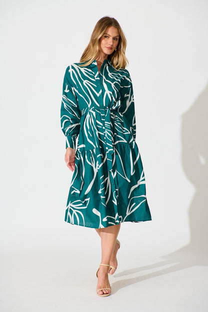 Lexus Midi Shirt Dress in Emerald Cotton