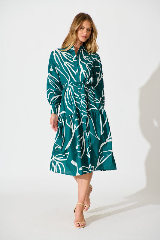 Lexus Midi Shirt Dress in Emerald Cotton