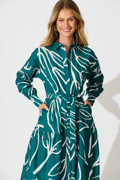 Lexus Midi Shirt Dress in Emerald Cotton