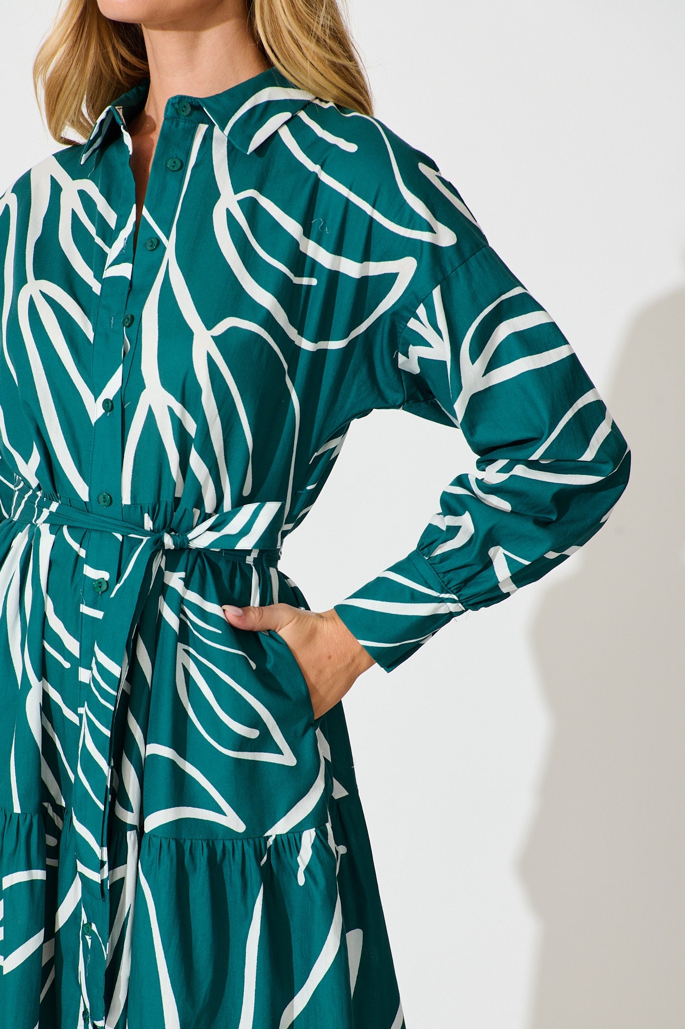 Lexus Midi Shirt Dress in Emerald Cotton