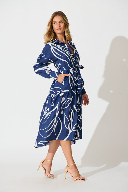 Lexus Midi Shirt Dress in Navy Cotton