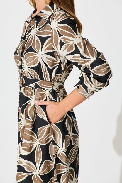 Brunswick Midi Shirt Dress in Black with Brown Leaf