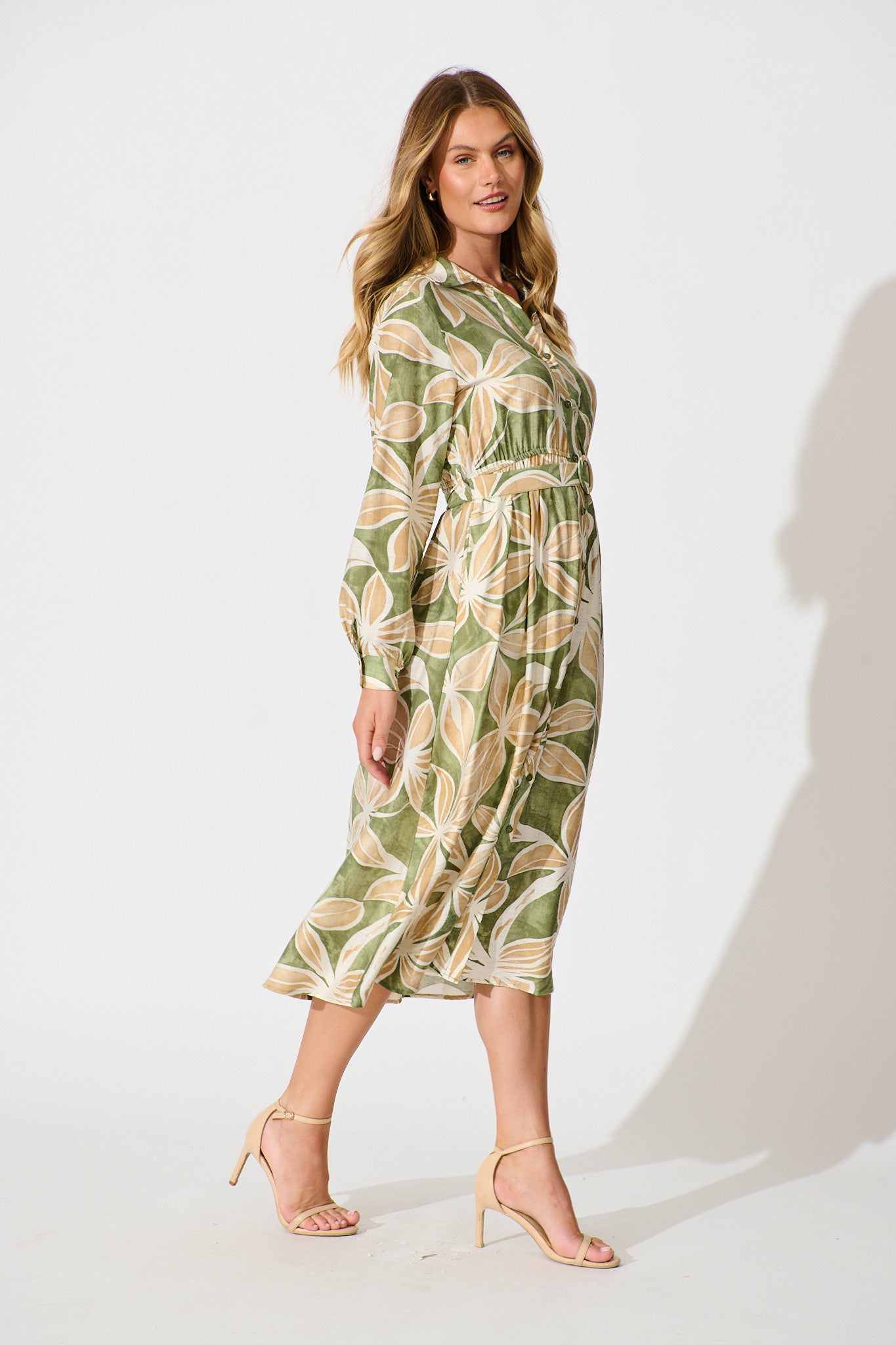 Brunswick Midi Shirt Dress in Green with Beige Leaf