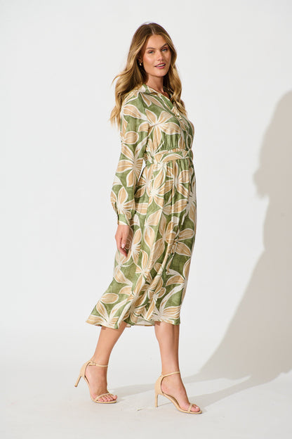 Brunswick Midi Shirt Dress in Green with Beige Leaf