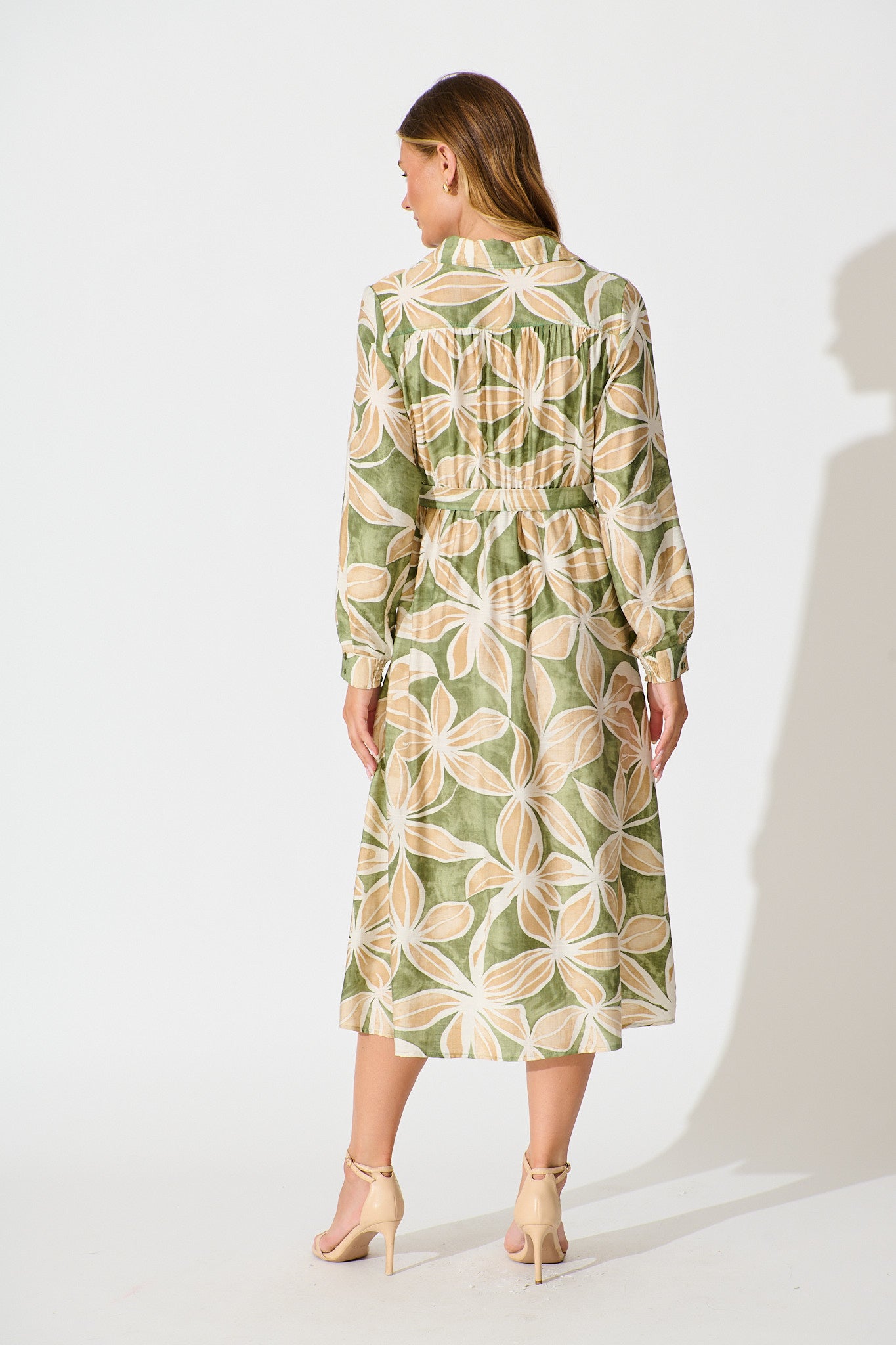 Brunswick Midi Shirt Dress in Green with Beige Leaf