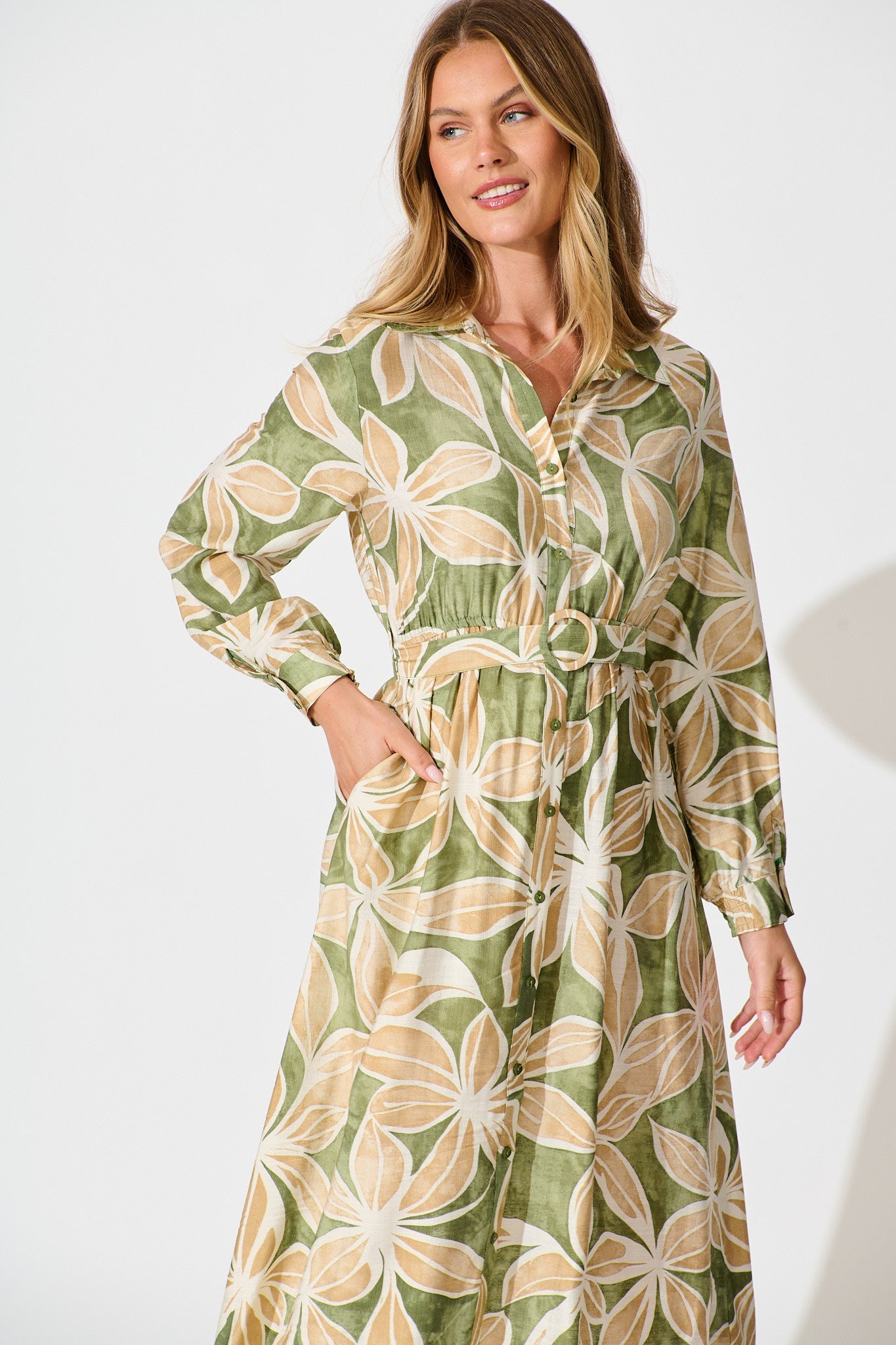 Brunswick Midi Shirt Dress in Green with Beige Leaf