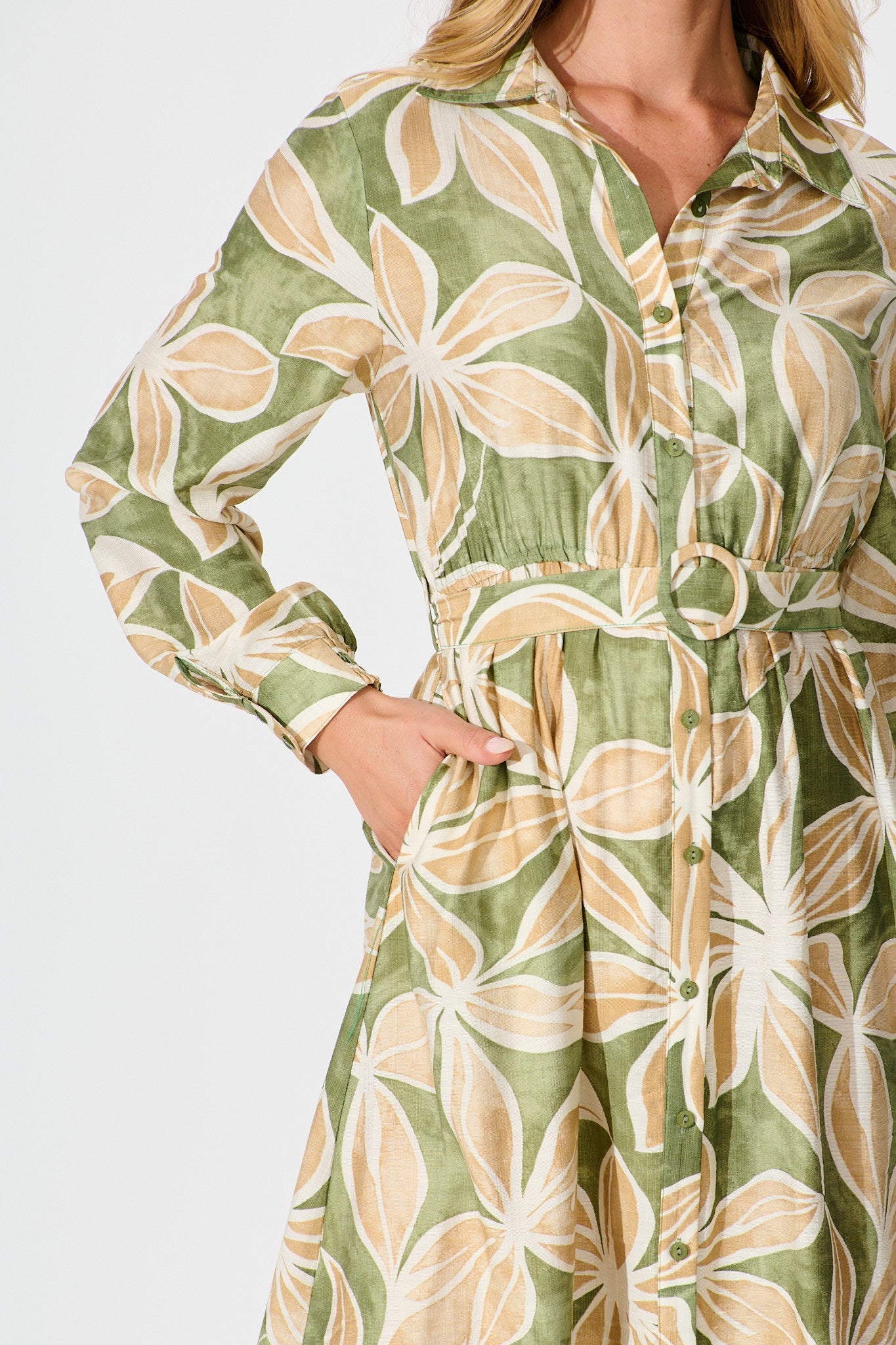 Brunswick Midi Shirt Dress in Green with Beige Leaf