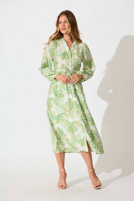 Jordan Midi Dress in Green with Multi Print