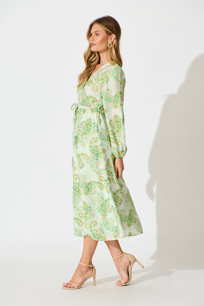 Jordan Midi Dress in Green with Multi Print