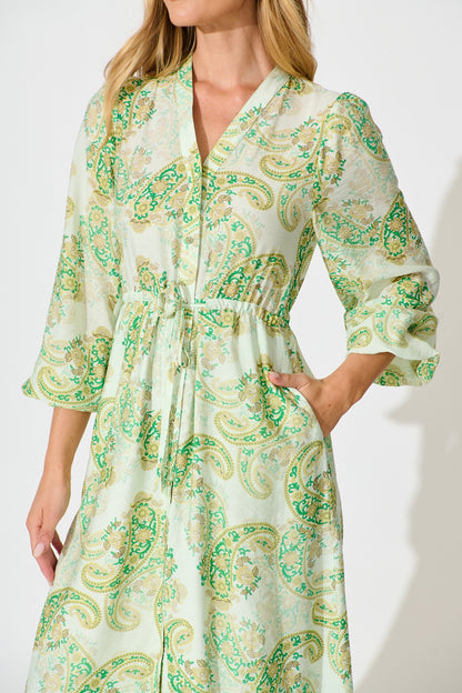 Jordan Midi Dress in Green with Multi Print