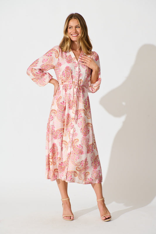 Jordan Midi Dress in Pink with Multi Print