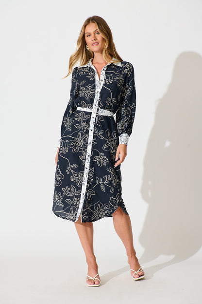 Mesmerised Midi Shirt Dress in Navy Floral Print
