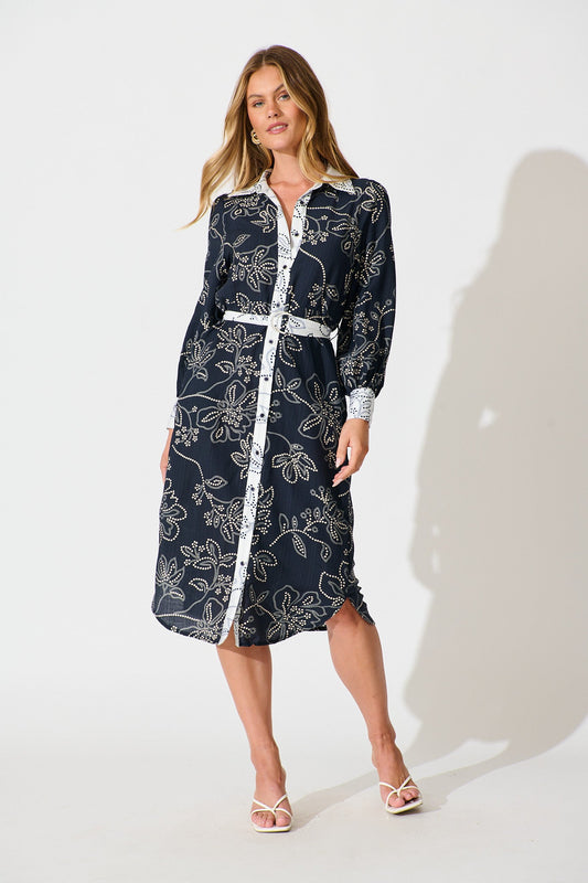 Mesmerised Midi Shirt Dress in Navy Floral Print