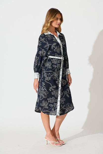 Mesmerised Midi Shirt Dress in Navy Floral Print