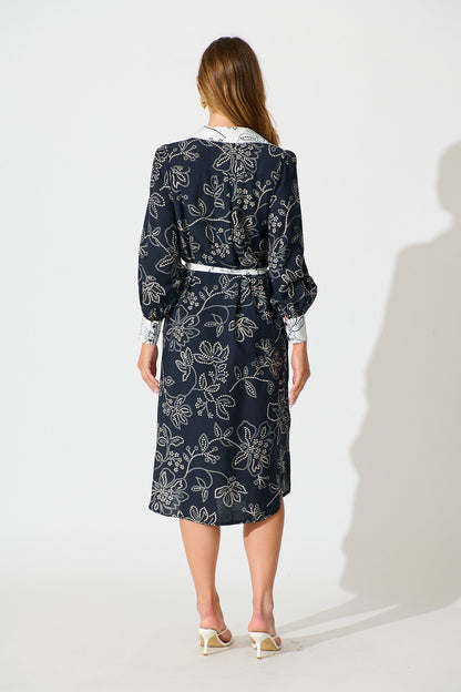 Mesmerised Midi Shirt Dress in Navy Floral Print