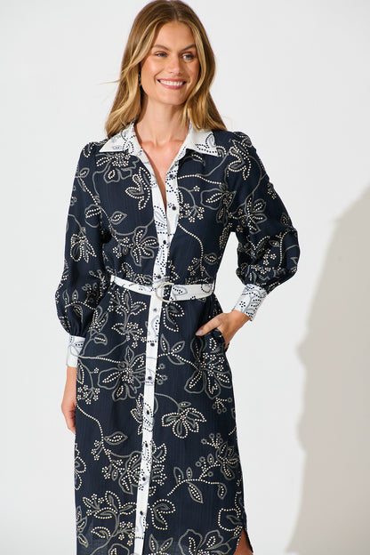 Mesmerised Midi Shirt Dress in Navy Floral Print