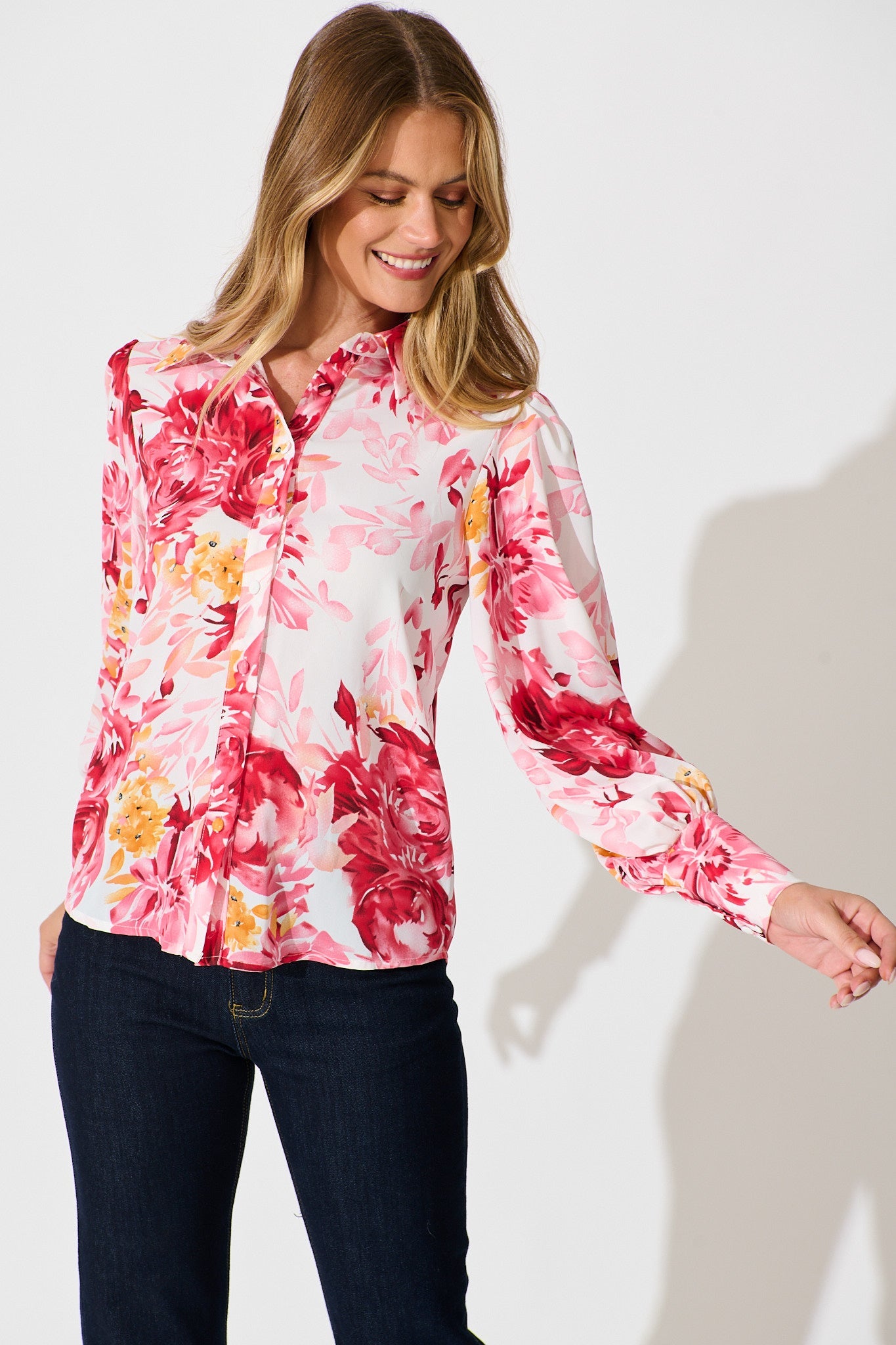Sutton Shirt in Red with Pink Floral