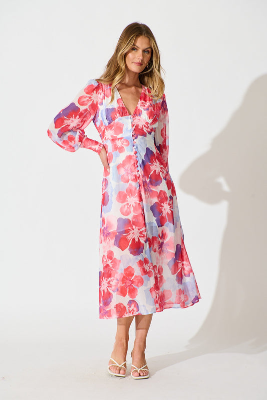 Essence Midi Dress in Red with Purple Floral
