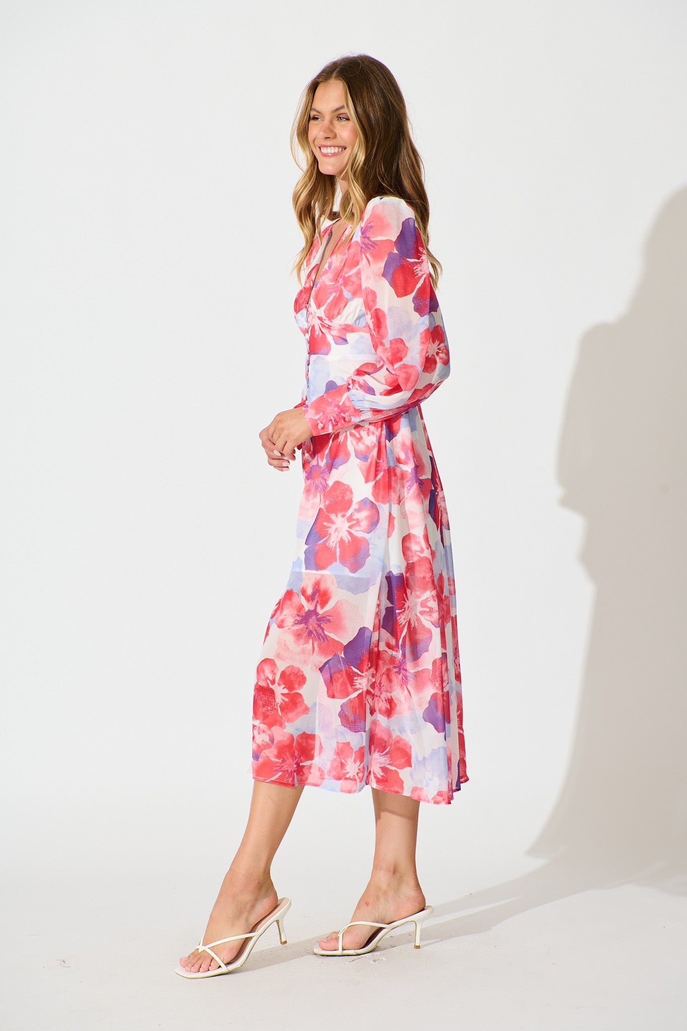 Essence Midi Dress in Red with Purple Floral