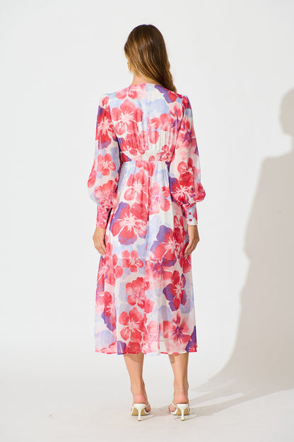 Essence Midi Dress in Red with Purple Floral