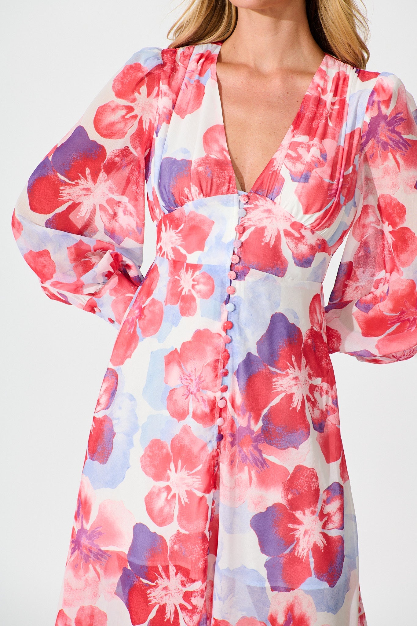 Essence Midi Dress in Red with Purple Floral