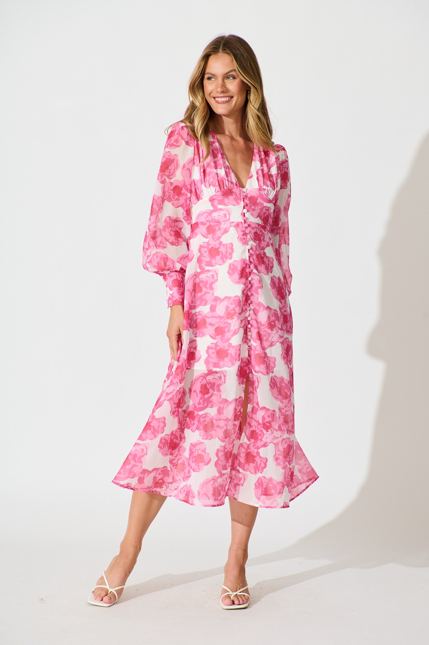 Essence Midi Dress in White with Pink Floral