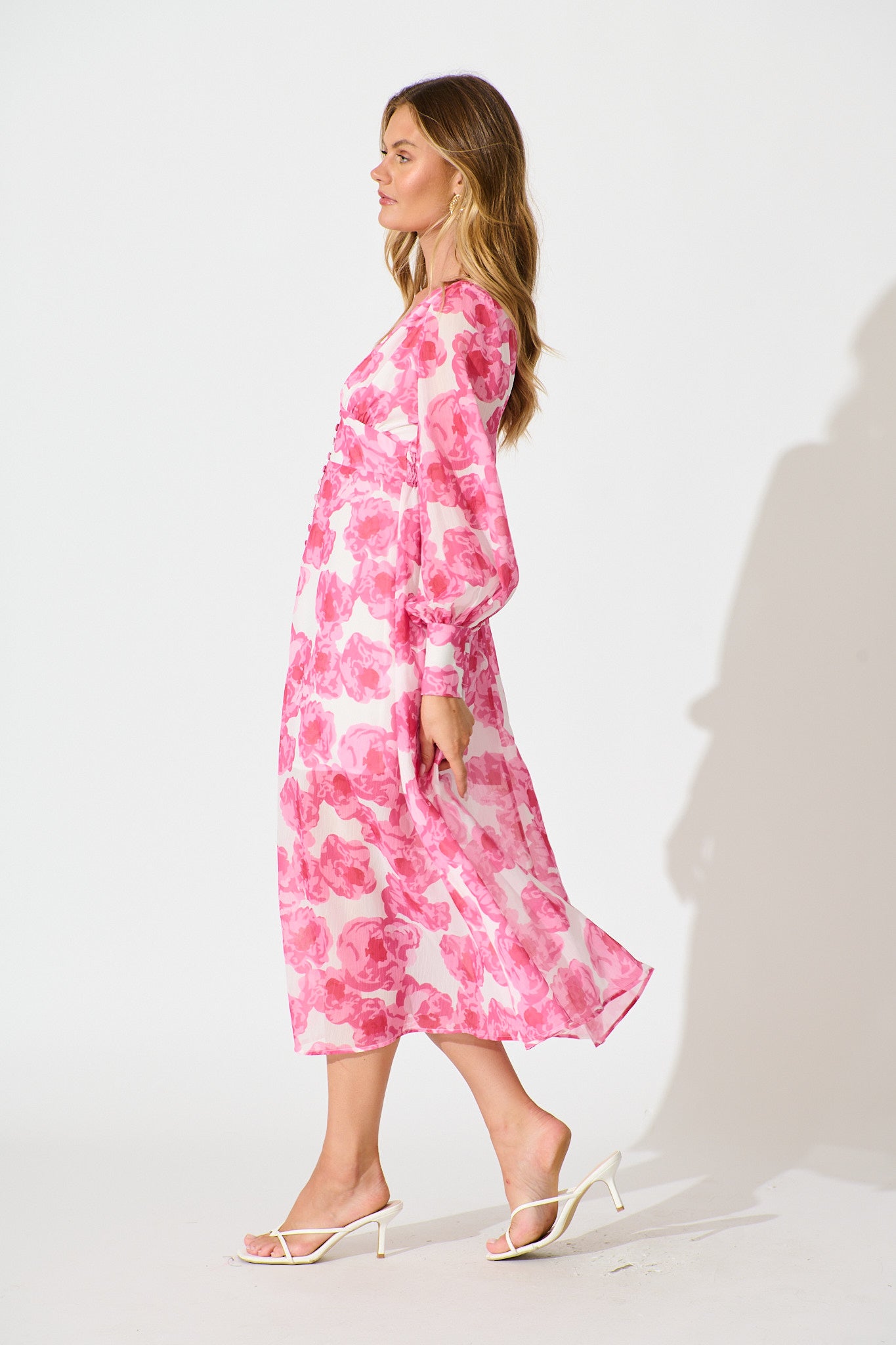 Essence Midi Dress in White with Pink Floral