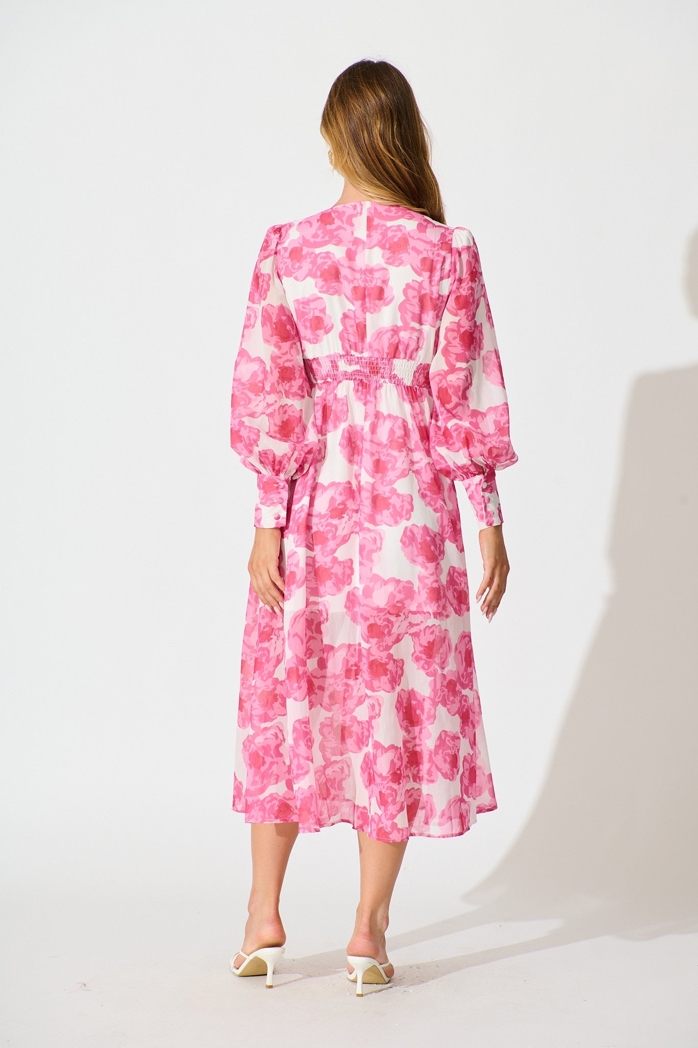 Essence Midi Dress in White with Pink Floral