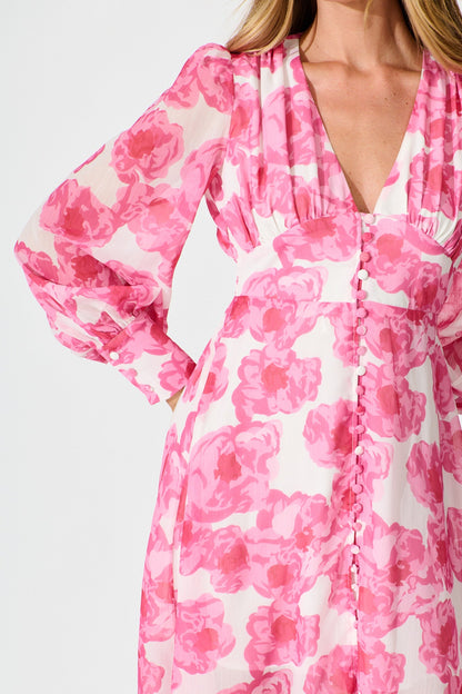 Essence Midi Dress in White with Pink Floral