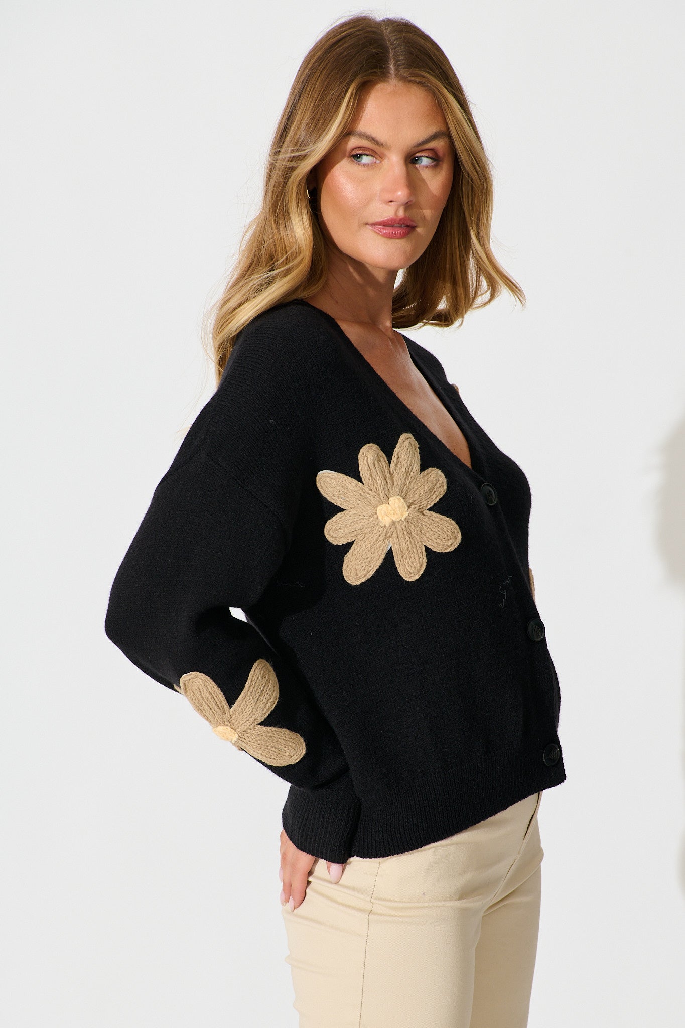 Rosalie Knit Cardigan in Black with Beige Flowers