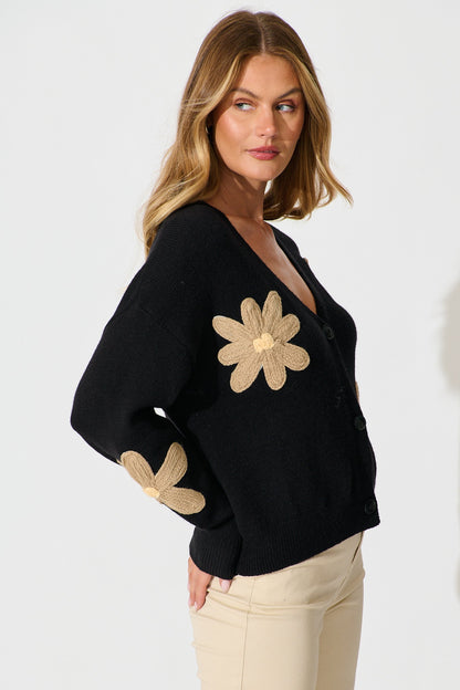 Rosalie Knit Cardigan in Black with Beige Flowers
