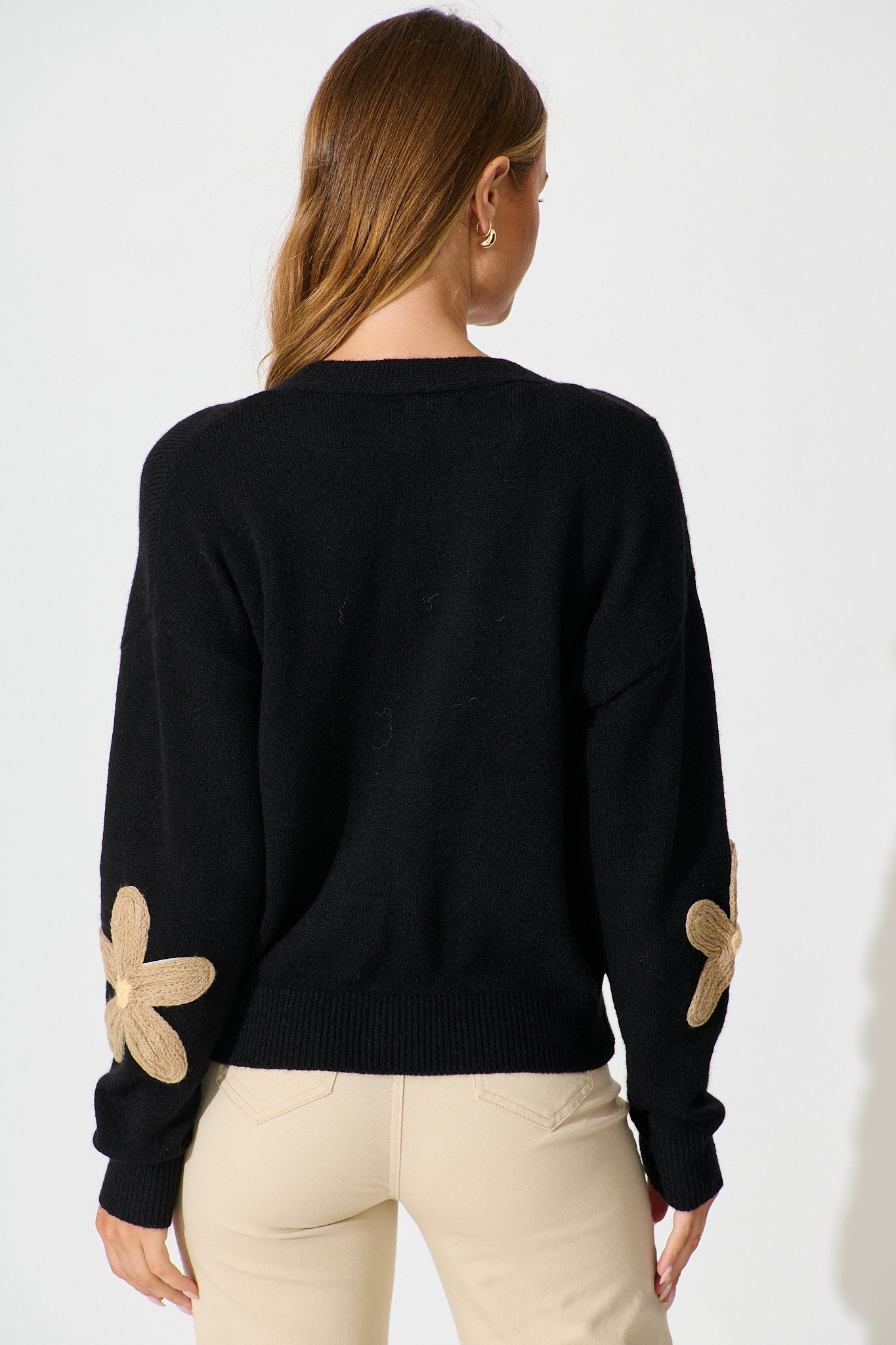 Rosalie Knit Cardigan in Black with Beige Flowers