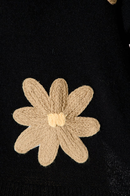 Rosalie Knit Cardigan in Black with Beige Flowers