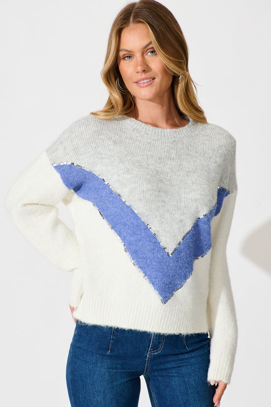 Sabre Knit in Grey with Blue Colourblock Sequin Wool Blend